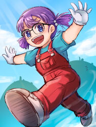 Rule 34 | 1girl, :d, black-framed eyewear, blue eyes, blue shirt, dr. slump, full body, glasses, gloves, hair bobbles, hair ornament, highres, norimaki arale, open mouth, outstretched arms, overalls, purple hair, red overalls, running, shirt, short hair, short sleeves, signature, smile, solo, sue02 (suexxx), t-shirt, two side up, white gloves