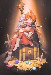 Rule 34 | 1girl, absurdres, ajirui, armor, black cape, black headband, boots, cape, coin, gloves, gold coin, headband, highres, lina inverse, one eye closed, orange eyes, orange hair, pants, pauldrons, red pants, shoulder armor, sitting, slayers, solo, staff, treasure, treasure chest, white footwear, white gloves