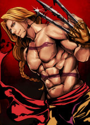 Rule 34 | 1boy, abs, bad id, bad pixiv id, vega (street fighter), blonde hair, blood, bloody weapon, braid, claw (weapon), jun jun, long hair, male focus, muscular, nose, pectorals, sash, topless male, single braid, solo, street fighter, tattoo, weapon