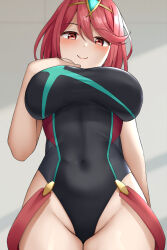 1girl black_one-piece_swimsuit blush bob_cut breasts closed_mouth covered_navel cowboy_shot from_behind gem green_gemstone grey_background hand_on_own_chest highres large_breasts looking_at_viewer mizushina_minato official_alternate_costume one-piece_swimsuit pyra_(pro_swimmer)_(xenoblade) pyra_(xenoblade) red_eyes red_hair short_hair smile solo standing suspenders_hanging swept_bangs swimsuit tiara xenoblade_chronicles_(series) xenoblade_chronicles_2