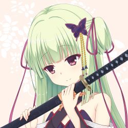 Rule 34 | 1girl, armpit crease, bare shoulders, blunt bangs, butterfly hair ornament, close-up, closed mouth, commentary, criss-cross halter, eyelashes, gattino mao, green hair, hair ornament, hair ribbon, halterneck, hands up, hime cut, holding, holding sword, holding weapon, katana, light blush, long hair, looking down, murasame (senren), pink background, purple ribbon, red eyes, ribbon, senren banka, short hair, simple background, smile, solo, sword, two side up, weapon
