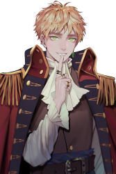 Rule 34 | 1boy, ascot, axis powers hetalia, belt, blonde hair, buttons, coat, earrings, finger to mouth, frilled sleeves, frills, green eyes, grin, highres, huacai, jewelry, long sleeves, looking at viewer, male focus, pirate costume, red coat, ring, smile, thick eyebrows, united kingdom (hetalia), upper body, waistcoat, white background
