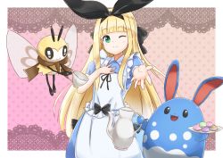 Rule 34 | 1girl, :d, ;), absurdres, alice (alice in wonderland), alice (alice in wonderland) (cosplay), alice in wonderland, apron, azumarill, bad hand, black bow, blonde hair, blunt bangs, blush, bow, cosplay, creatures (company), crossover, cup, dotted background, food, game freak, gen 2 pokemon, gen 7 pokemon, green eyes, hair bow, hand out, highres, long hair, macaron, minatototon1020, mononobe alice, mononobe alice (1st costume), nijisanji, nintendo, one eye closed, open mouth, plate, pokemon, purple background, reaching, reaching towards viewer, ribombee, smile, standing, teacup, teapot, virtual youtuber