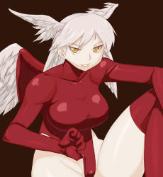 Rule 34 | 1girl, angel wings, bad id, bad pixiv id, breasts, cameltoe, covered erect nipples, final fantasy, final fantasy tactics, gradient background, grin, groin, head wings, highleg, highleg leotard, large breasts, leg up, legs, leotard, red leotard, red thighhighs, simple background, smile, solo, thighhighs, thighs, tsukudani (coke-buta), turtleneck, ultima (fft), white hair, wings