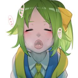Rule 34 | 1girl, ascot, blouse, blush, bow, closed eyes, collared shirt, commentary request, cookie (touhou), daiyousei, diyusi (cookie), green hair, hair bow, high-visibility vest, highres, jiyu (jiyusi), medium hair, open mouth, oral invitation, ponytail, saliva, shirt, simple background, solo, tongue, touhou, upper body, white background, white shirt, yellow ascot, yellow bow
