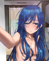 Rule 34 | 1girl, armpits, blue eyes, blue hair, blush, breasts, cleavage, collarbone, commentary request, completely nude, double-parted bangs, hair between eyes, hair censor, hair over breasts, highres, indoors, jaku-chara tomozaki-kun, long hair, looking at viewer, medium breasts, nanami minami, nude, reaching, reaching towards viewer, solo, tutler, upper body, wet