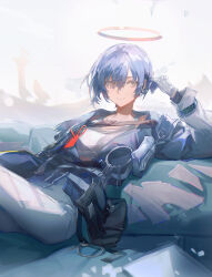 Rule 34 | 1girl, abstract background, adjusting hair, against wall, aona (ns), arknights, blue hair, blue jacket, gloves, grey eyes, halo, hand up, infection monitor (arknights), jacket, keyring, looking at viewer, open clothes, open jacket, pants, shirt, sitting, smile, solo, spuria (arknights), white gloves, white pants, white shirt