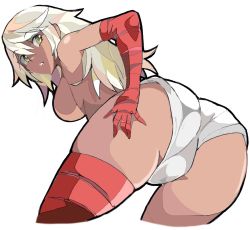 Rule 34 | 1girl, ass, ass focus, bandaged arm, bandages, blonde hair, breasts, cameltoe, dark-skinned female, dark skin, enpe, guilty gear, hand on own ass, looking at viewer, ramlethal valentine, shorts, simple background, white background, yellow eyes