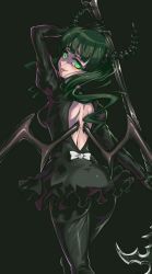 Rule 34 | 1girl, back bow, backless dress, backless outfit, black background, black dress, black pants, black rock shooter, bow, breasts, dead master, dress, from behind, green eyes, green hair, head tilt, holding, holding scythe, horns, long hair, looking at viewer, looking back, medium breasts, pants, scythe, short dress, shoulder blades, simple background, solo, standing, takane (lovehatsune), tongue, tongue out, twintails, very long hair, white bow, wings