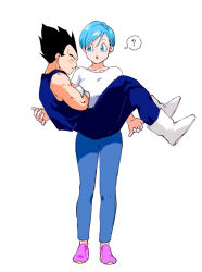 Rule 34 | 1boy, 1girl, :o, ?, biceps, black hair, blue bodysuit, blue eyes, blue hair, blue pants, blush, bodysuit, boots, bulma, closed eyes, closed mouth, commentary request, crossed arms, crossed legs, dragon ball, eyelashes, floating, frown, gloves, husband and wife, looking at another, open mouth, pants, parted bangs, pink footwear, pny panya, profile, shirt, shoes, short hair, short sleeves, simple background, sleeveless, sleeveless bodysuit, speech bubble, spiked hair, spoken question mark, swept bangs, v-shaped eyebrows, vegeta, white background, white footwear, white gloves, white shirt