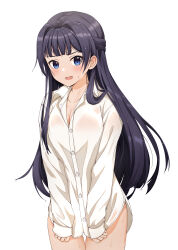 Rule 34 | 1girl, absurdres, black hair, blue eyes, blush, borrowed clothes, breasts, cleavage, collarbone, covering privates, embarrassed, highres, hime cut, idolmaster, idolmaster million live!, idolmaster million live! theater days, long hair, looking at viewer, medium breasts, mogami shizuka, naked shirt, open mouth, see-through, shirt, simple background, solo, sorugi park, updo, wet, wet clothes, wet face, wet hair, wet shirt, white background