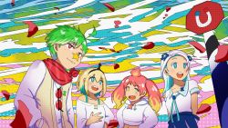 1boy, 3girls, amano pikamee, antenna hair, arms behind back, bare shoulders, black hairband, blonde hair, blue eyes, blue hair, blue neckerchief, bright pupils, collarbone, colored inner hair, commentary, cropped hoodie, daimonji ryugon, debris, english commentary, facial mark, glasses, green hair, green nails, hair between eyes, hairband, hand in pocket, hand up, haneuzu miuneru, highres, hikasa tomoshika, hood, hood down, hoodie, jacket, long hair, long sleeves, looking at another, looking to the side, magnet, midriff, multicolored hair, multiple girls, nail polish, neckerchief, off-shoulder shirt, off shoulder, red-tinted eyewear, red eyes, red hair, sharp teeth, shirt, short hair, sign, star (symbol), teeth, tinted eyewear, twintails, two-tone hair, upper body, virtual youtuber, voms, white hoodie, white pupils, white shirt, yin midnight