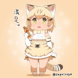Rule 34 | 10s, 1girl, :d, animal ears, artist name, bad id, bad pixiv id, blonde hair, bow, bowtie, brown hair, capriccyo, cat ears, cat tail, chibi, clenched hand, elbow gloves, food, food on face, gloves, hair between eyes, high-waist skirt, holding, holding food, kemono friends, multicolored hair, open mouth, orange background, sand cat (kemono friends), shadow, shirt, skirt, sleeveless, sleeveless shirt, smile, socks, solo, sparkle, standing, streaked hair, striped tail, tail, translated, twitter username, white gloves, white shirt, white socks, yellow eyes, yellow skirt