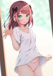 Rule 34 | 1girl, :d, black bow, blurry, blurry background, blush, bow, bow panties, breasts, collarbone, depth of field, green eyes, hair bow, hand up, hekomii, highres, long hair, looking at viewer, no pants, open mouth, original, panties, pink panties, red hair, shirt, short sleeves, small breasts, smile, solo, t-shirt, two side up, underwear, white shirt