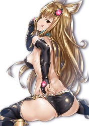 Rule 34 | 10s, 1girl, :q, adjusting clothes, adjusting panties, animal ears, ass, back, backless outfit, blush, breasts, brown eyes, brown hair, butt crack, elbow gloves, erune, from behind, frontal wedgie, ganari ryuu, gloves, granblue fantasy, hair ornament, highres, large breasts, licking lips, long hair, looking at viewer, looking back, metera (granblue fantasy), mole, mole under mouth, naughty face, panties, partially visible vulva, sideboob, sitting, sketch, smile, solo, thighhighs, tongue, tongue out, underwear, wariza, wedgie