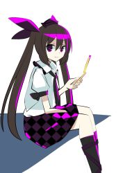 Rule 34 | 1girl, brown hair, cellphone, checkered clothes, checkered skirt, crossed legs, hat, highres, himekaidou hatate, long hair, looking at viewer, mankun, necktie, phone, simple background, sitting, skirt, smile, solo, tokin hat, touhou, twintails