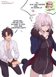 Rule 34 | 1girl, 2boys, ahoge, astolfo (fate), black dress, blue coat, blue jacket, blush, bound, bound wrists, breasts, brown hair, chaldea uniform, closed eyes, coat, collared shirt, comic, commentary, dress, dress shirt, english commentary, fate/grand order, fate (series), fujimaru ritsuka (male), fur-trimmed coat, fur-trimmed jacket, fur-trimmed sleeves, fur collar, fur trim, highres, jacket, jeanne d&#039;arc (fate), jeanne d&#039;arc alter (fate), jeanne d&#039;arc alter (ver. shinjuku 1999) (fate), kneeling, large breasts, long sleeves, multiple boys, official alternate costume, open clothes, open coat, open jacket, open mouth, pink hair, purple eyes, restrained, rope, shirt, short dress, short hair, silver hair, sleeves rolled up, sword, thumb to mouth, trap, user zafc3487, weapon, white shirt, wicked dragon witch ver. shinjuku 1999, yellow eyes