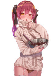 Rule 34 | 1girl, absurdres, black ribbon, blush, bowl, brown panties, brown sweater, chocolate, chocolate on face, commentary request, food, food on face, garter straps, hair between eyes, hair ribbon, heterochromia, highres, holding, holding bowl, hololive, houshou marine, long sleeves, multicolored hair, oekakikei, open mouth, panties, purple hair, red eyes, red hair, ribbon, sleeves past wrists, solo, standing, streaked hair, sweater, turtleneck, turtleneck sweater, underwear, virtual youtuber, yellow eyes