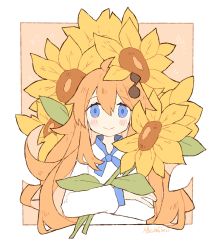 Rule 34 | 1girl, ahoge, blue eyes, blush, blush stickers, crossed arms, flower, fortissimo, hair ornament, holding, holding flower, long hair, long sleeves, looking at viewer, melanbread, musical note, musical note hair ornament, neck ribbon, negative space, no nose, orange background, orange hair, original, ribbon, shirt, signature, sleeve cuffs, smile, solo, sunflower, sunflower girl (melanbread), tareme, white shirt