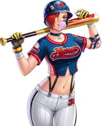 Rule 34 | 1girl, alternate costume, artist request, bad link, bandages, baseball, baseball bat, baseball helmet, baseball jersey, baseball uniform, blowing bubbles, breasts, buttons, chewing gum, choker, collarbone, cowboy shot, crop top, elbow pads, eye black, glint, gloves, helmet, jersey, lips, looking at viewer, medium breasts, midriff, navel, official art, realistic, red eyes, red hair, short hair, snk, solo, sportswear, suspenders, the king of fighters, the king of fighters all-stars, thigh gap, third-party source, transparent background, vanessa (kof)