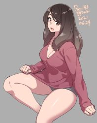 Rule 34 | 1girl, 2021, agawa ryou, breasts, brown eyes, brown hair, cleavage, dated, grey background, large breasts, long hair, looking at viewer, open mouth, original, simple background, smile, solo, spread legs, thighs