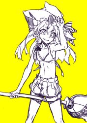 Rule 34 | 1girl, adjusting clothes, adjusting headwear, arm up, bikini, bikini top only, bow, braid, broom, hair ribbon, hand on headwear, hat, hat bow, holding, holding broom, kirisame marisa, knees, legs, long hair, looking at viewer, midriff, monochrome, navel, puffy shorts, ribbon, shorts, simple background, smile, solo, striped, striped bow, swimsuit, thupoppo, touhou, witch hat, yellow background