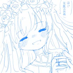 Rule 34 | 2girls, amano soraha, assault lily, bare shoulders, blush, bridal gauntlets, closed eyes, commentary request, dutch angle, egawa kusumi, facing viewer, female pov, flower wreath, grin, hand up, head wreath, highres, holding hands, jewelry, long hair, monochrome, multiple girls, nose blush, official alternate costume, parted lips, portrait, pov, pov hands, ring, shirt, simple background, sleeveless, sleeveless shirt, smile, solo focus, speech bubble, tearing up, teisuu, wedding ring, white background, yuri