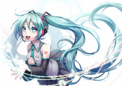 Rule 34 | 10s, 1girl, 2016, aqua eyes, aqua hair, dated, detached sleeves, floating hair, hand on own chest, hatsune miku, headset, long hair, musical note, necktie, open mouth, pixiv id 5166667, quaver, sanagiyuzu, skirt, solo, treble clef, twintails, very long hair, vocaloid, white background