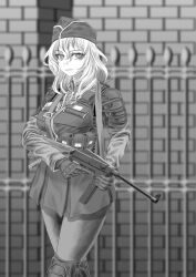 Rule 34 | 1girl, alternate hairstyle, belt, blurry, blurry background, closed mouth, commentary, depth of field, dress, fence, frown, garrison cap, girls und panzer, gloves, greyscale, gun, gun sling, hat, highres, knee pads, long sleeves, looking at viewer, mas-38, medium hair, military, military hat, military uniform, monochrome, oshida (girls und panzer), pantyhose, pantyhose under shorts, pleated dress, short dress, shorts, solo, standing, submachine gun, thompson submachine gun, tigern (tigern28502735), trigger discipline, uniform, utility belt, weapon