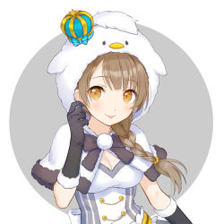 Rule 34 | 1girl, :p, bird hood, black gloves, blue bow, blush, bow, braid, breasts, brown eyes, brown hair, capelet, cleavage, closed mouth, crown, elbow gloves, fur-trimmed gloves, fur trim, gloves, grey background, hood, hood up, hooded capelet, love live!, love live! school idol festival, love live! school idol project, medium breasts, minami kotori, mini crown, rio.lw, shirt, single braid, smile, solo, striped, striped bow, tilted headwear, tongue, tongue out, two-tone background, upper body, white background, white capelet, white shirt