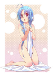 Rule 34 | 1girl, ahoge, animal ears, bad id, bad pixiv id, barefoot, bed sheet, blue hair, hira taira, kneeling, long hair, naked sheet, nude, open mouth, original, pointy ears, red eyes, solo, very long hair