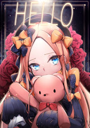 Rule 34 | 1girl, abigail williams (fate), absurdres, black bow, black dress, black hat, blonde hair, blue eyes, blush, bow, chickenvomit, commentary request, covered mouth, dress, fate/grand order, fate (series), flower, forehead, hair bow, hat, head tilt, highres, holding, holding stuffed toy, long hair, long sleeves, looking at viewer, orange bow, parted bangs, polka dot, polka dot bow, red bow, red flower, red rose, rose, sleeves past wrists, solo, stuffed animal, stuffed toy, teddy bear