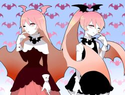 2girls arimasixa black_dress demon_girl dress funamusea haiiro_teien long_hair multiple_girls pink_dress pink_hair pointy_ears ponytail raspbel_preserves rawberry_preserves siblings sisters