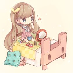 Rule 34 | 1girl, absurdly long hair, animal, animal slippers, bed, blue bow, blue eyes, blush, bow, brown hair, bug, bunny slippers, butterfly, butterfly hair ornament, chibi, cosmetics, cushion, hair ornament, highres, insect, lipstick, lipstick tube, long hair, looking at mirror, makeup, mirror, on bed, original, quilt, rabbit, sencha (senta 10), sitting, slippers, solo, striped, striped bow, very long hair, white bow