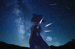 Rule 34 | 1girl, blue bow, blue dress, blue hair, bow, cirno, cowboy shot, dress, floating hair, from behind, hair bow, hair ribbon, highres, horizon, ice, ice wings, night, night sky, outdoors, pikumin, ribbon, shooting star, short hair, silhouette, sky, solo, star (sky), starry sky, touhou, wings