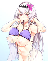 Rule 34 | 1girl, armpits, bikini, bikini top lift, black ribbon, blonde hair, bottomless, breasts, clothes lift, dark jeanne, dark persona, emua, granblue fantasy, hairband, jeanne d&#039;arc (granblue fantasy), large breasts, long hair, looking at viewer, mouth hold, navel, nipples, out-of-frame censoring, purple bikini, red eyes, ribbon, see-through, smile, solo, swimsuit, undressing, very long hair, white hair