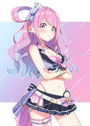 Rule 34 | 1girl, belt, bikini, black skirt, blush, bow, bracelet, breasts, candy hair ornament, chain, cleavage, collarbone, commentary request, crossed arms, food-themed hair ornament, front-tie bikini top, front-tie top, gold chain, gradient hair, green eyes, hair ornament, heterochromia, highleg, highleg bikini, highres, himemori luna, hololive, hololive summer 2023 swimsuit, jewelry, layered bikini, medium breasts, midriff, multicolored hair, navel, overskirt, pink bikini, pink bow, pink eyes, pink hair, sidelocks, skirt, solo, star (symbol), striped bikini, striped clothes, swimsuit, thigh belt, thigh strap, uni (maru231), virtual youtuber, waist bow, white belt