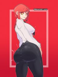 Rule 34 | 1girl, artist name, ass, bigmoneyjugs, black pants, breasts, chainsaw man, long hair, makima (chainsaw man), pants, red hair, shirt, smile, solo, tight clothes, tight pants, white shirt, yellow eyes
