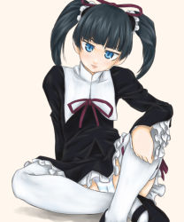 Rule 34 | 00s, 1girl, black hair, blue eyes, blue panties, coyote ragtime show, female focus, gothic lolita, lolita fashion, march, march (coyote ragtime show), mary janes, medium hair, panties, pantyshot, shoes, sitting, solo, striped clothes, striped panties, thighhighs, twintails, underwear, white thighhighs