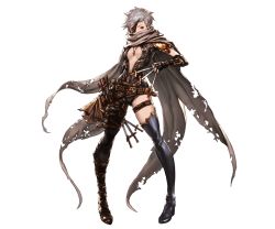 Rule 34 | 10s, 1girl, asymmetrical clothes, belt, between fingers, black gloves, black thighhighs, bodysuit, breasts, brown eyes, center opening, covered mouth, elbow gloves, eyepatch, full body, game cg, gloves, granblue fantasy, grey scarf, high heels, holding, holding knife, holding weapon, jewelry, knife, minaba hideo, necklace, official art, scarf, short hair, silver hair, single pantsleg, single thighhigh, solo, standing, tania (granblue fantasy), tanya (granblue fantasy), thigh strap, thighhighs, torn clothes, torn scarf, transparent background, weapon