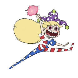 Rule 34 | 1girl, :d, blonde hair, clownpiece, crossover, hat, image sample, jester cap, jumping, open mouth, pantyhose, parody, red eyes, ruukii drift, smile, solo, star butterfly, star vs the forces of evil, style parody, touhou