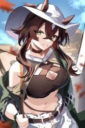 1girl animal_ears arknights belt black_belt black_shirt brown_hair commentary crop_top ears_through_headwear gomago_magoma green_eyes grin hat long_hair looking_at_viewer meteor_(arknights) meteor_(bard&#039;s_holiday)_(arknights) midriff navel official_alternate_costume pants shirt single_bare_shoulder smile solo stomach white_hat white_pants