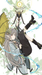 Rule 34 | 1girl, absurdres, adesu (gekkahyouzin), arknights, black footwear, black skirt, boots, breasts, closed mouth, coat, collarbone, commentary, elf, full body, grey hair, grey shirt, highres, holding, holding staff, holding umbrella, laurel crown, long hair, looking at viewer, medium breasts, muelsyse (arknights), one eye closed, open clothes, open coat, pointy ears, shirt, skirt, smile, solo, staff, umbrella, very long hair, white background, white coat, yellow eyes