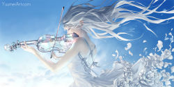 Rule 34 | 1girl, closed eyes, commentary, dress, gradient background, instrument, long hair, original, pale skin, petals, see-through, solo, standing, violin, watermark, web address, white dress, white hair, wind, yuumei