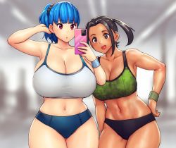 Rule 34 | 2girls, :o, arm up, armpits, arung samudra (cessa), bare shoulders, black scrunchie, blue hair, blurry, blurry background, borrowed character, breasts, brown eyes, brown hair, buruma, cellphone, cleavage, commentary, crossover, curvy, english commentary, erkaz, highres, holding, holding phone, huge breasts, large breasts, looking at phone, multiple girls, navel, ombok diving and delivery services, open mouth, original, phone, ponytail, red eyes, rina atherina, scrunchie, selfie, side ponytail, smartphone, sports bra, tan, thick thighs, thighs, toned, wide hips, wristband