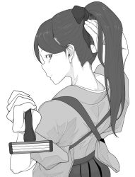 Rule 34 | 1girl, absurdres, bow, closed mouth, foreshortening, from behind, greyscale, hair bow, hair lift, hakama, hakama skirt, hand up, highres, holding, holding razor, houshou (kancolle), japanese clothes, kantai collection, long hair, looking at viewer, looking back, monochrome, nape, ponytail, razor, ringed eyes, simple background, skirt, smile, solo, tocky, white background
