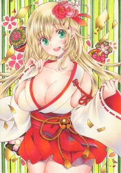 Rule 34 | 1girl, alternate costume, atago (kancolle), bare shoulders, blonde hair, blush, breasts, collarbone, cowboy shot, detached sleeves, flower, green eyes, hair between eyes, hair flower, hair ornament, hakama, hakama skirt, highres, japanese clothes, kantai collection, large breasts, long hair, marker (medium), nontraditional miko, open mouth, red hakama, ribbon-trimmed sleeves, ribbon trim, saya pr, skirt, smile, solo, traditional media, white sleeves, wide sleeves