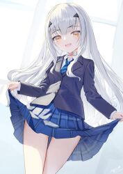 Rule 34 | 1girl, asobeco, bare legs, black jacket, blue necktie, blue skirt, clothes lift, collared shirt, commentary request, melusine (fate), fate/grand order, fate (series), hair ornament, highres, jacket, long hair, long sleeves, looking at viewer, necktie, open mouth, school uniform, shirt, simple background, skirt, skirt lift, solo, standing, striped necktie, white hair, yellow eyes