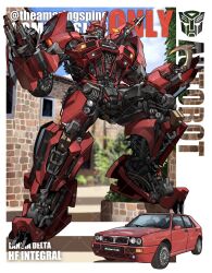 Rule 34 | arm cannon, autobot, car, clenched hand, cloud, commission, highres, kamitoge supino, lancia (brand), lancia delta hf integrale, mecha, motor vehicle, no humans, orange eyes, original, robot, sky, solo, transformers, tree, twitter username, vehicle name, weapon