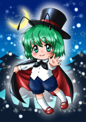 Rule 34 | 1girl, antennae, cape, cape lift, chibi, crescent moon, eyebrows, fireflies, green eyes, green hair, hat, highres, kneehighs, looking at viewer, mary janes, matching hair/eyes, moon, night, open hand, outdoors, outstretched hand, pine tree, sasaki teron, shoes, short hair, shorts, socks, solo, sparkle, star (symbol), starry background, top hat, touhou, tree, wriggle nightbug